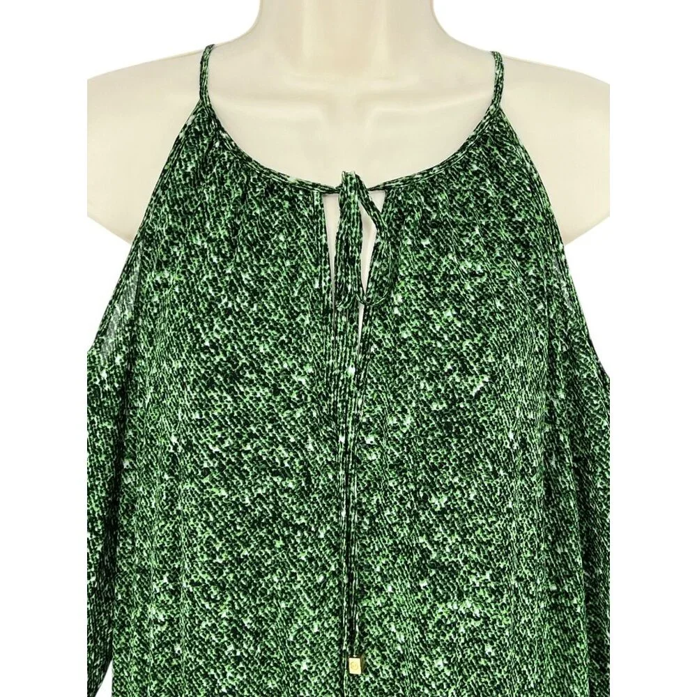 Michael Kors Cold Shoulder Dress Green Snake Print‎ L/S Chiffon Pleated Size L